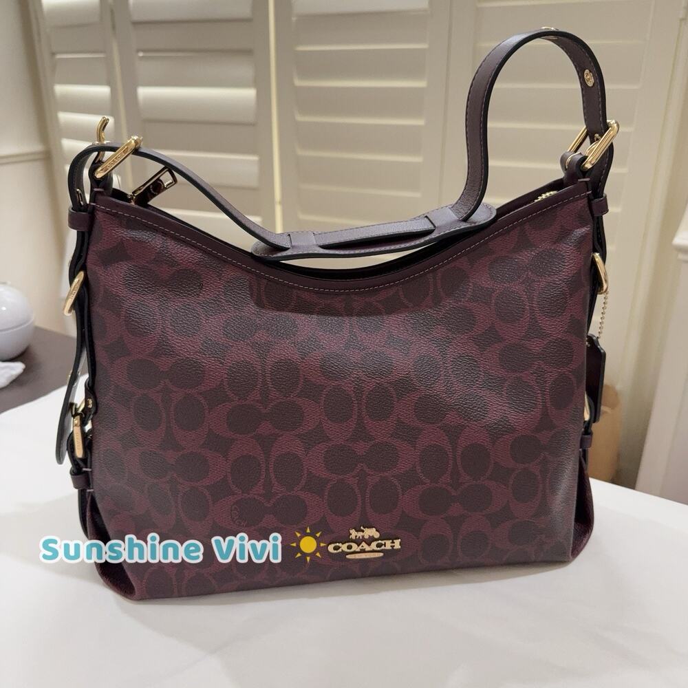 NWT Coach Laurel Shoulder Bag With Buckles Signature Canvas CFP16 Black Currant
